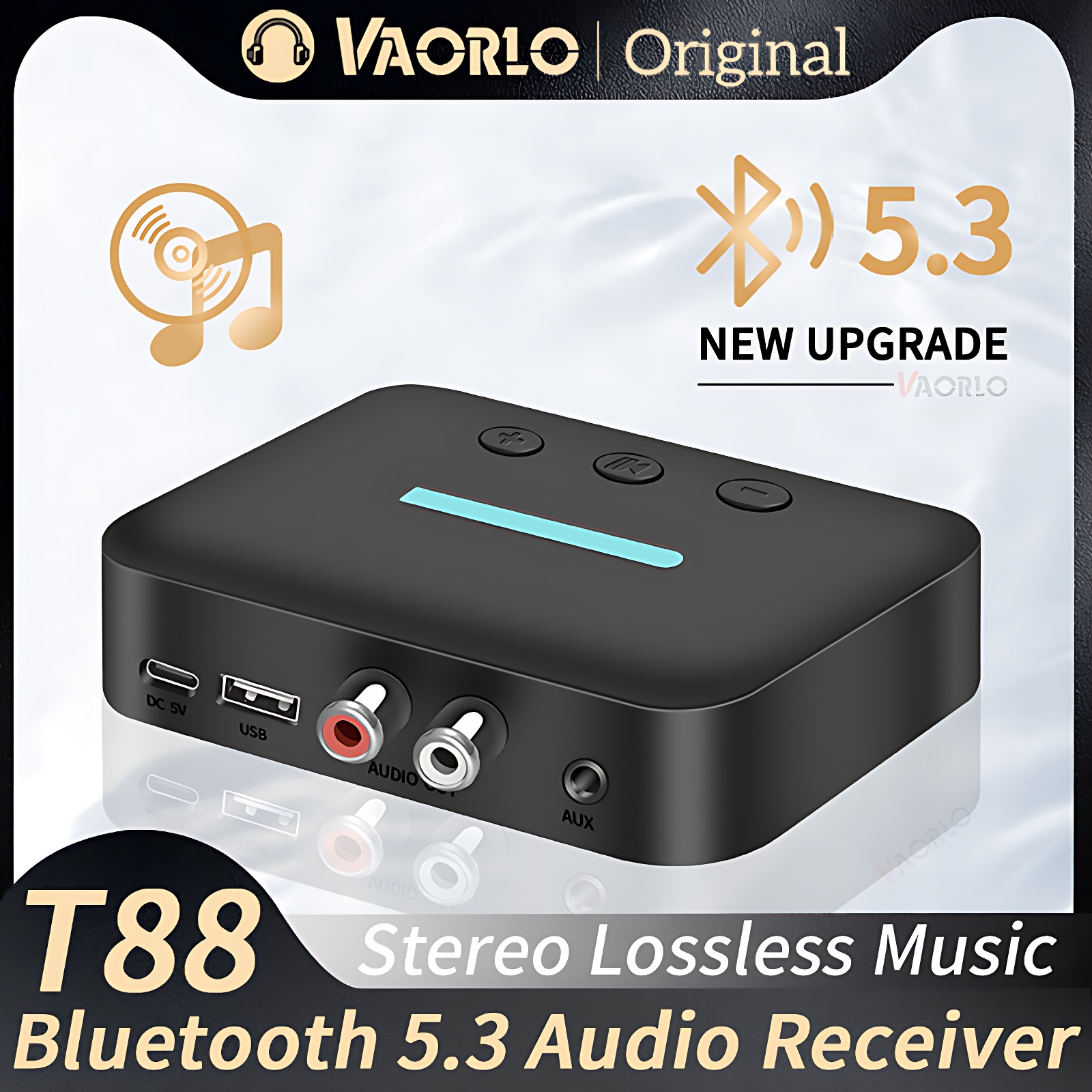 VAORLO USB Bluetooth 5.3 Audio-ontvanger Adapter Draadloze stereomuziek 3,5 mm AUX R/L RCA Ondersteuning U-schijf afspelen voor desktopluidsprekerversterker