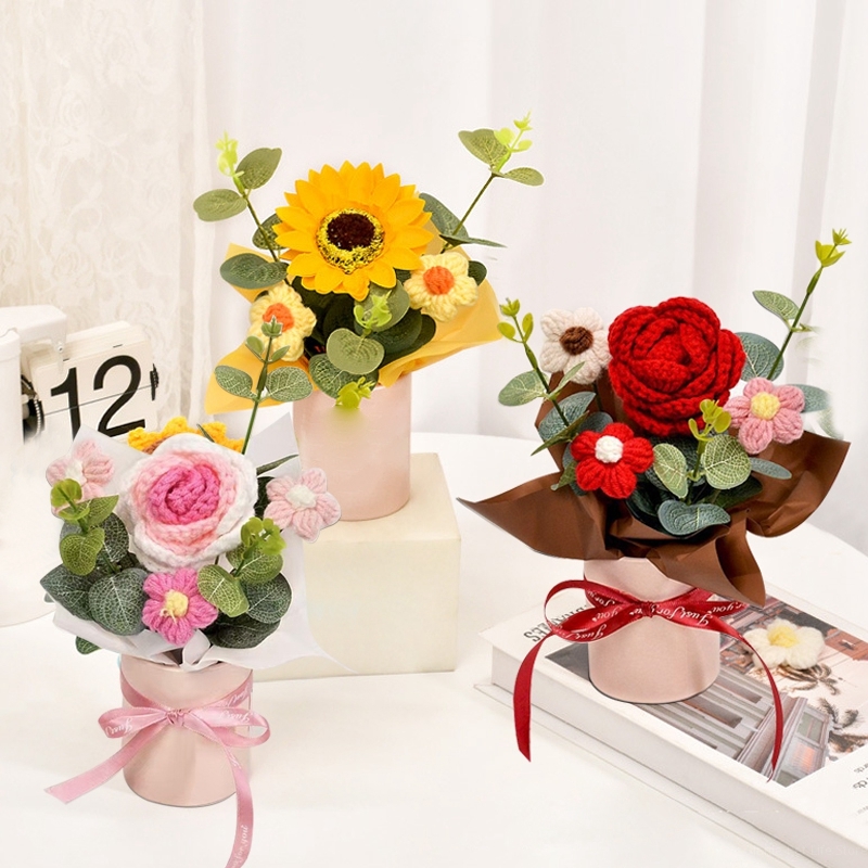 Flores de crochê abraçando balde buquê de flores artificiais mão tecido puff flores professores presentes de casamento dos namorados decoração de casa