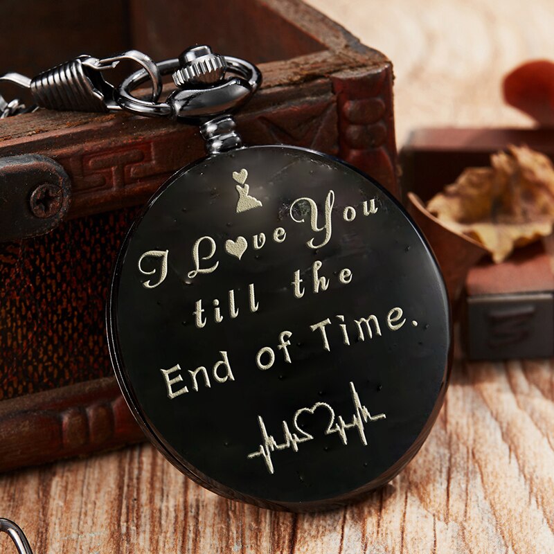 Reloj de bolsillo de cuarzo, de aniversario, reloj de bolsillo grabado I LOVE YOU con colgantes con collar de cadena, reloj de: black