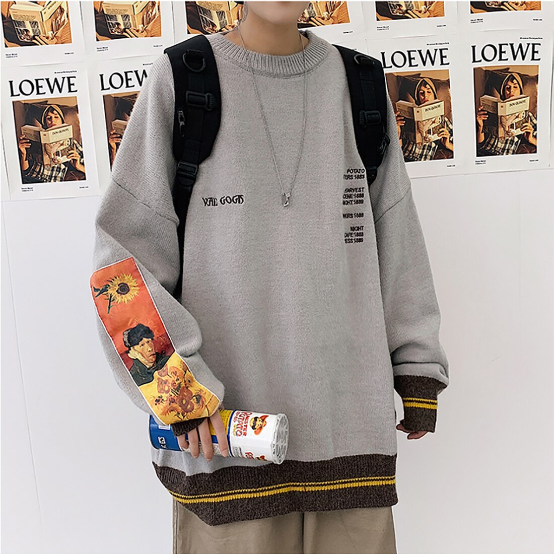 Sudadera estilo Hip Hop para hombre, ropa de calle, suéter de punto bordado con pintura de Van Gogh, suéteres Retro Vintage de algodón,: Gris oscuro / S
