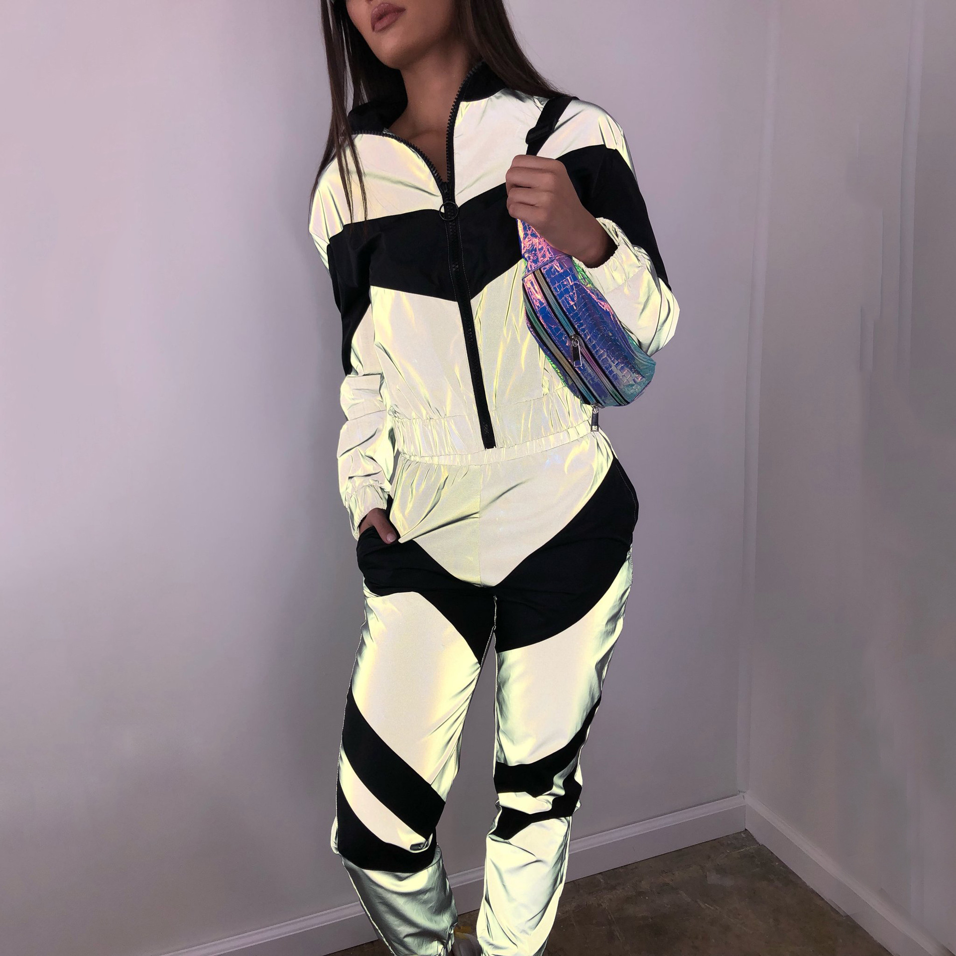 autumn and winter European and American women's stitching reflective sports leisure suit two-piece