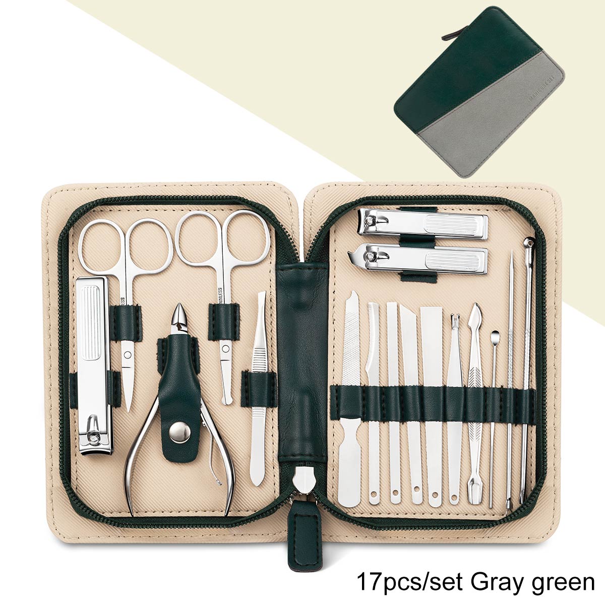 Juego de manicura y pedicura, cortaúñas de acero inoxidable, herramientas para cortar uñas, tijeras, Lima, Kit de recortador de cejas y pestañas: 17pcs-Gray green