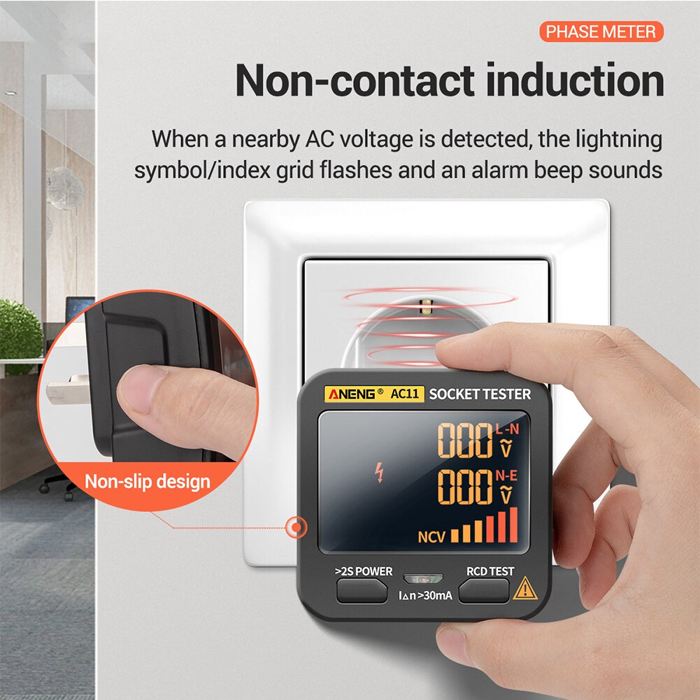 Elektrisk lækagebeskyttelse ikke-kontakt lcd-skærmstik tester rcd-fasemåler spændingsmåling automatisk nedlukning