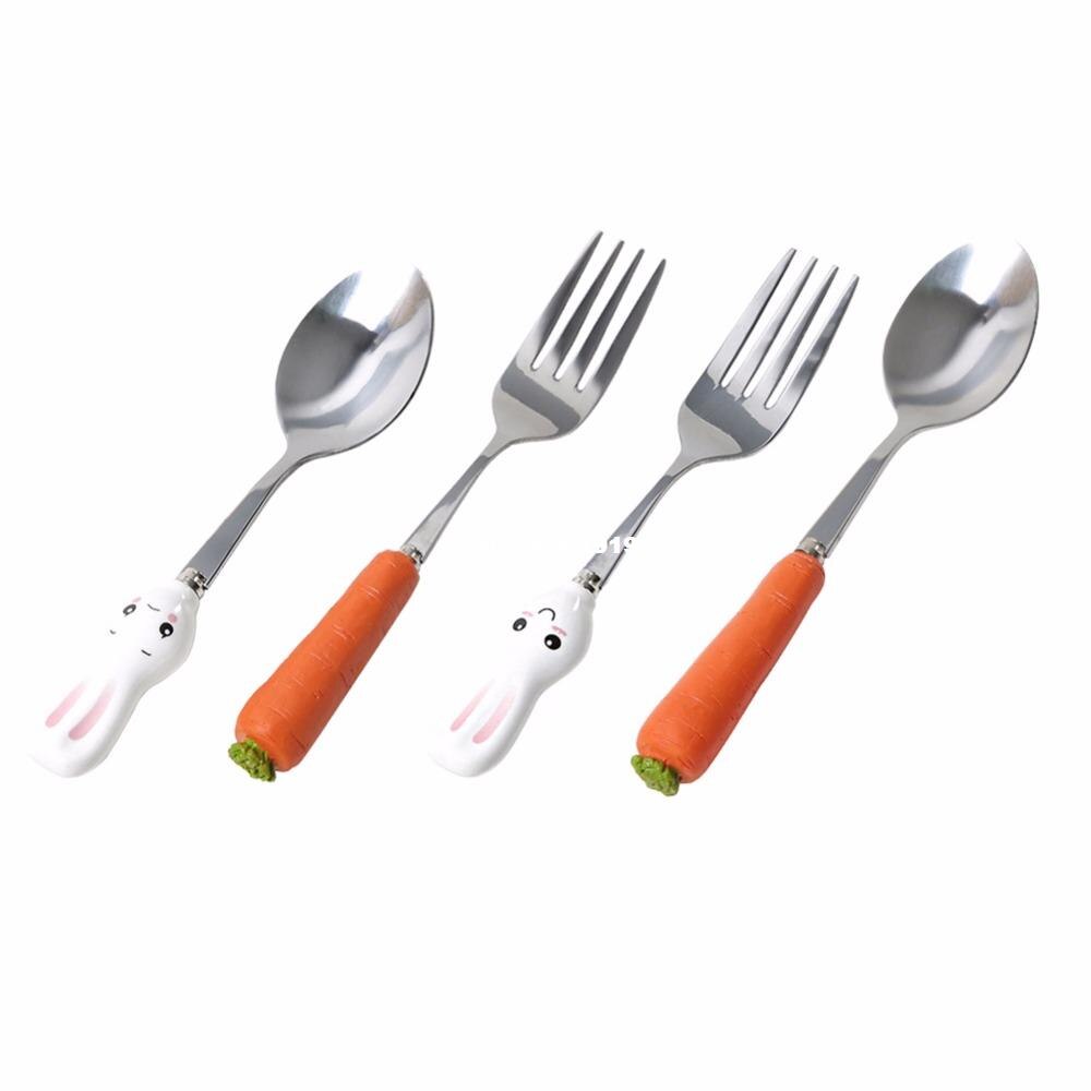 Stainless steel long kid spoon set fork soup spoon stirring coffee tea fruit fork Dinerware sets for children lunch dinner
