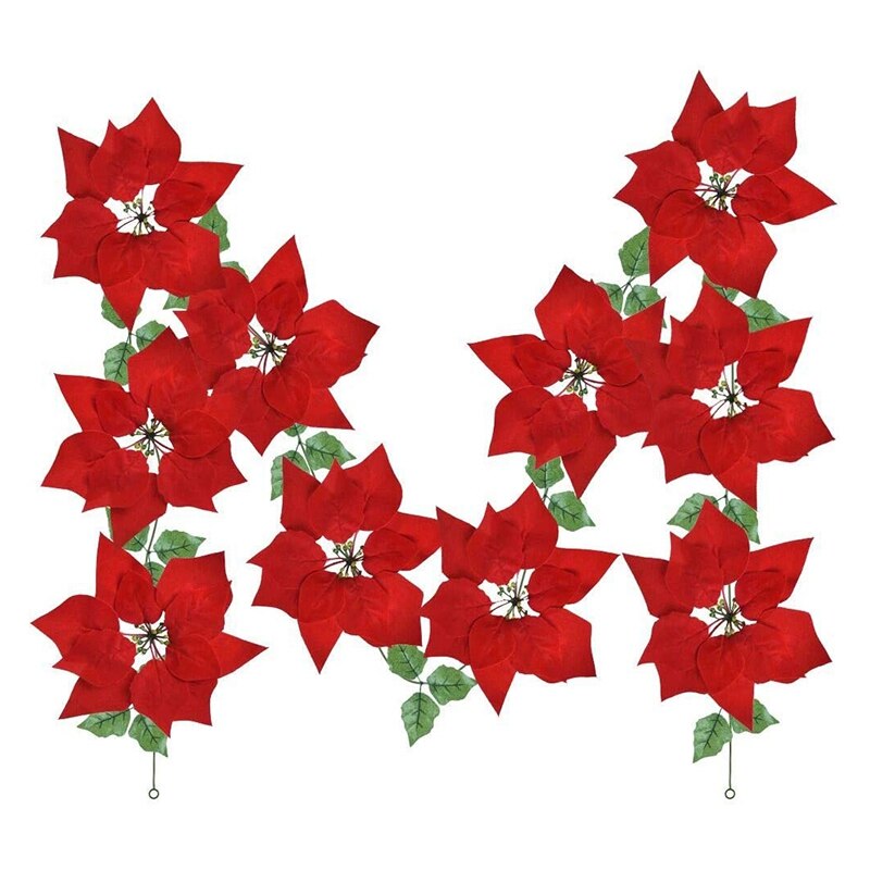 2Pcs Artificial Christmas Poinsettia Garland with Holly Leaves and Berries for Christmas Party Front Door Wreath Decor