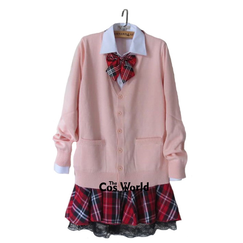 Uniforme escolar japonês jk, uniforme de inverno, rosa, gola em v, saia xadrez vermelha, trajes de camisa