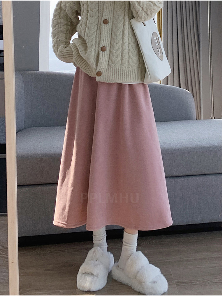 Vinter tykkere corduroy nederdele kvinder varme højtaljede plys fløjlsforede faldas afslappet løse saias vintage koreansk a-linje jupe