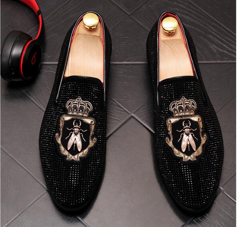 Guld topp och metall tå herr sammet strass klänning skor italienska herr klänning skor handgjorda loafers