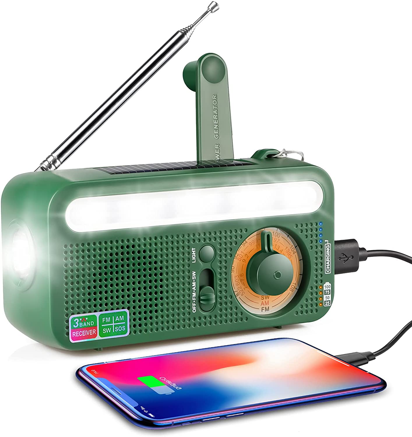 Radio de mano recargable con energía Solar, lámpara de lectura con linterna, Batería Externa de 2000mAh, alarma de SOS, AM/FM/SW