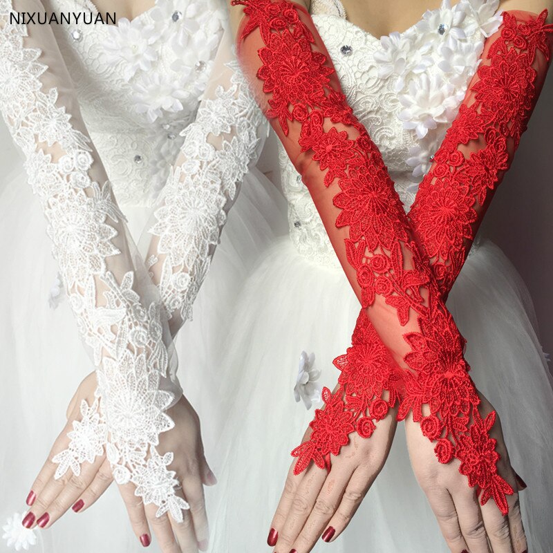 Lange Wit Ivoor Rood Kanten Handschoenen Voor Bridal Bloem Met Vrouwen Bruiloft Handschoenen Gants Mariage