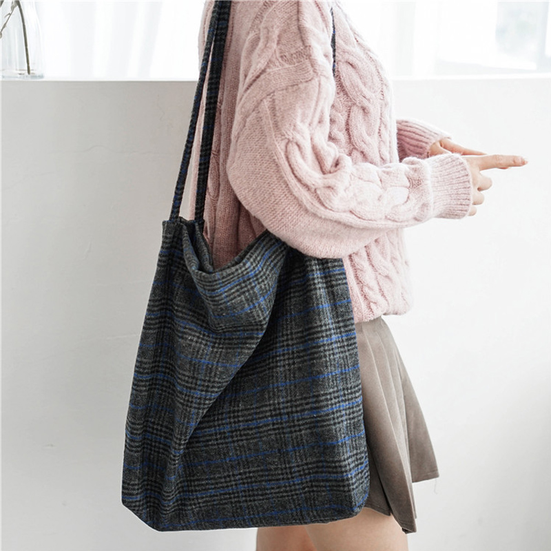 Outono & inverno das mulheres de lã lona bolsa de ombro senhoras do vintage xadrez bolsa totes feminino algodão lã pano sacos de compras