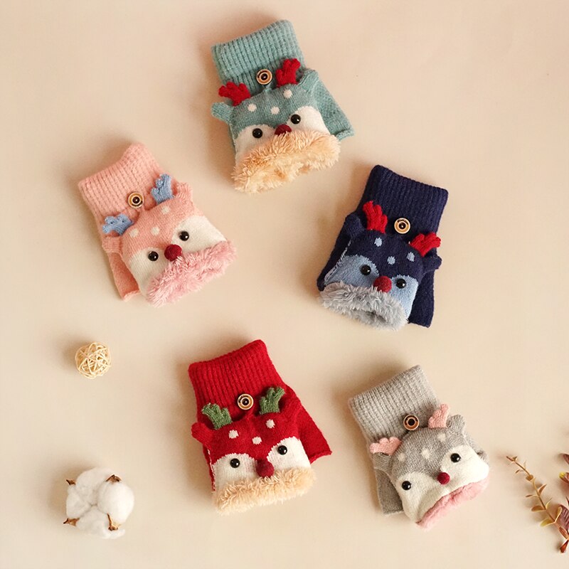 Kinderen Winter Handschoenen Kerst Leuke Cartoon Elanden Flip Halve Vinger Wanten Voor Meisje Jongen Kids Warme Pluche Gevoerd Vingerloze handschoenen