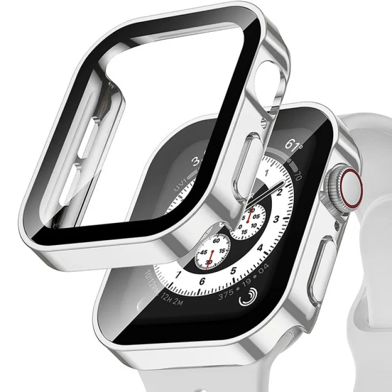 Glas + wasserdichtes Gehäbenutzen für Apfel Uhr 7, 8, 9, 45 mm, 41 mm, Displayschutzfolie, harter PC-Stoßfänger für iWatch Serie 6, 5, 4 SE 40 mm, 44 mm Abdeckung: Silber / 4-6,9 Zoll