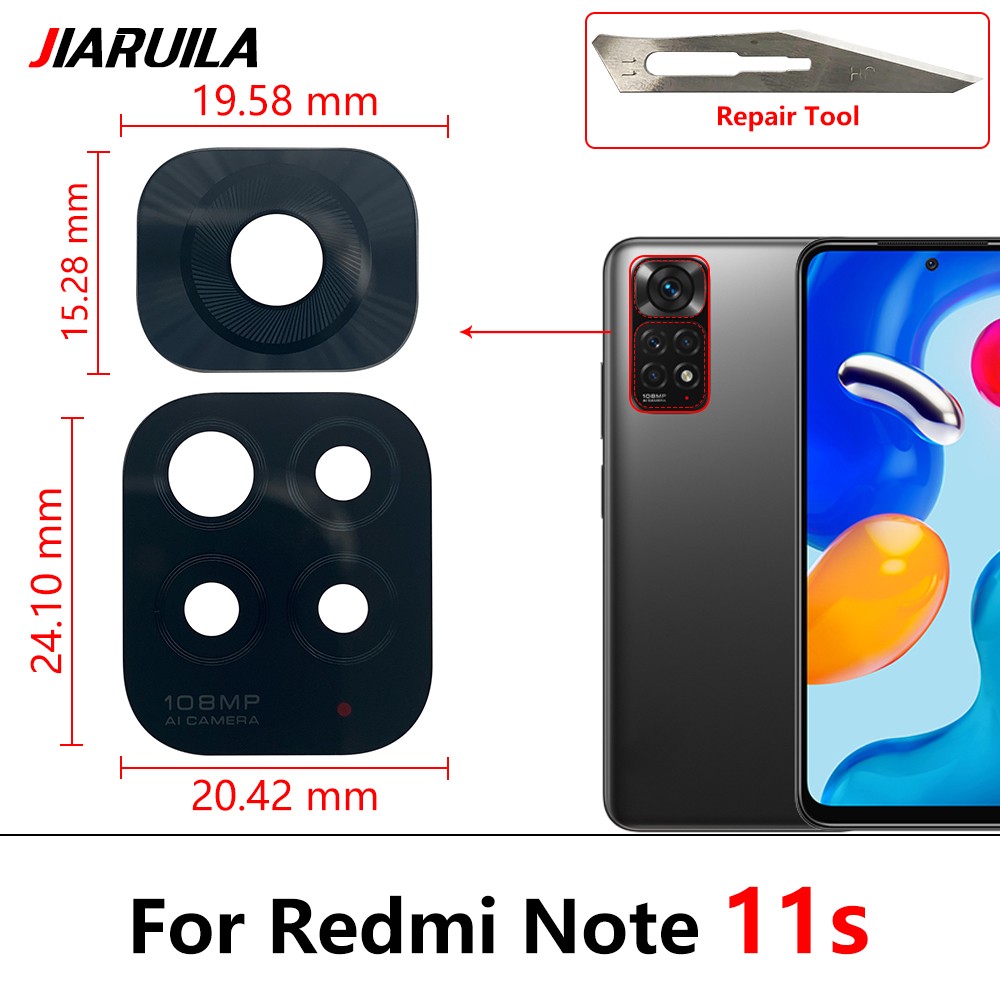 2 sztuki / partia ， Szklany obiektyw tylnego aparatu dla Xiaomi Redmi Note 10 10s Pro 11 Pro 11T 11s 11E 4G 5G z naklejką samoprzylepną: Czerwony