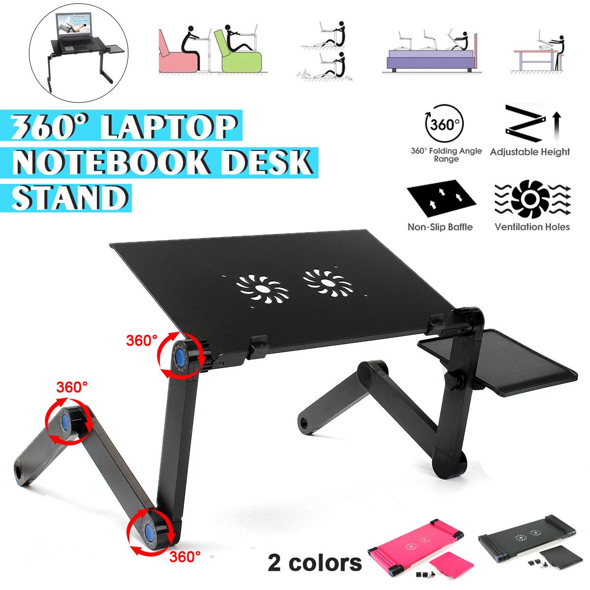 360 Degree Foldable Adjustable Laptop Desk Table Stand Holder Durable Aluminum Laptop desk Tray with Cooling Dual Fan Mouse Pad