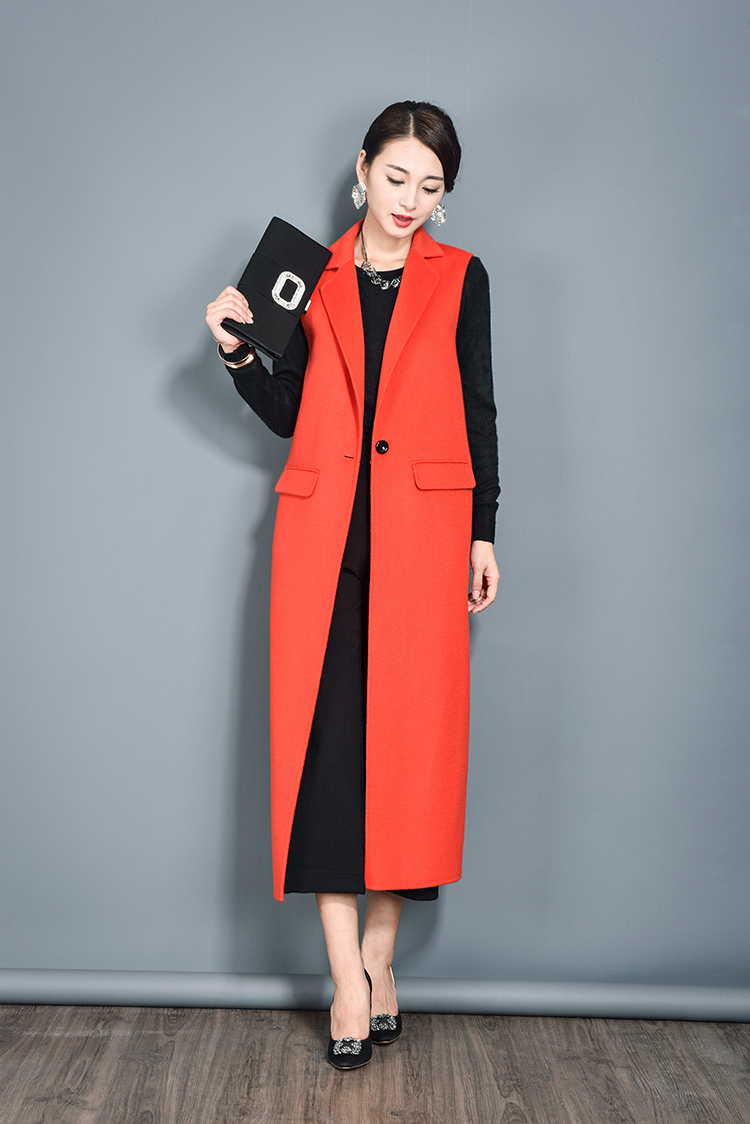 Herfst Lange Vest Slanke Orange Rode Plus Size Lange Wollen Vesten Mouwloze Jas Womens Wol Vesten Winter Bovenkleding Vest Vrouwen