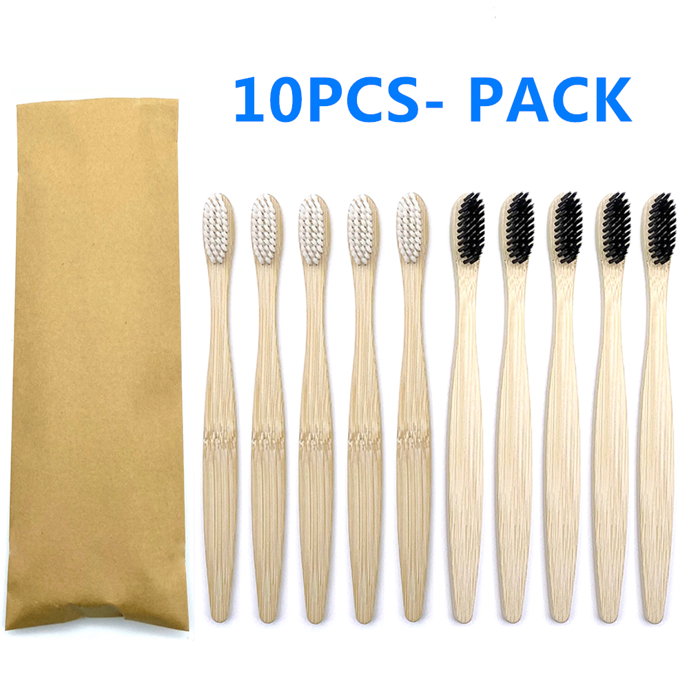 Bamboo Toothbrush Wooden Handle Brush Eco Friendly Tooth Brush Head Cover Oral Care Cleaning Tools Soft Fibre Rainbow Color: 5 White 5 Black