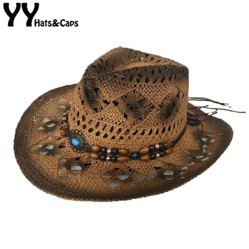 YY 3 kolory polecane kowboj czapka letnia dziurawy słomy Sunhats mężczyźni jazz czapka z ręcznie robione koraliki kobiety odpowietrzający plaży kapelusz CM19019