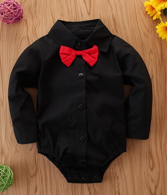 Pasgeboren Baby Jongens Outfits Jumpsuit Zomer Kleding Gentleman Strik Tie Bodysuit Lange Mouwen Kleding: Long sleeve black / 12m