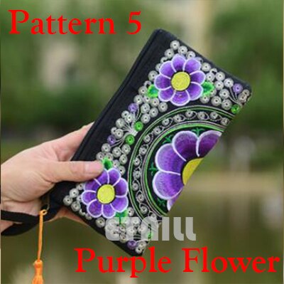 Small Embroidered Mobile Phone Wallet Lady Nation Style Boho Ethnic Embroidery Canvas Day Clutch Bag Embrague Bolsos de: Pattern 3 Purple