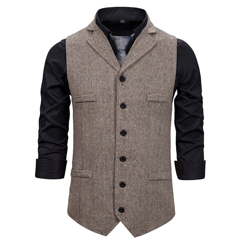 Autumn Business Vest Men's Clothing Male Lapel Casual Men Suit Vest With Pockets Vest Outerwear Chaleco Hombre: Khaki / XL