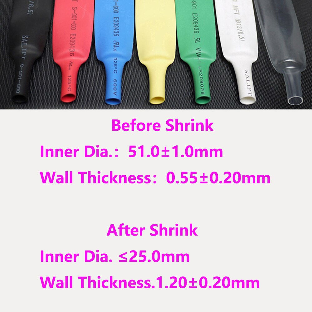 1meters 50mm Heat Shrink Tubing Shrinkable Heatshrink Tube Sleeves 2:1 White Black Red white/red/green/blue/Transparent/yellow