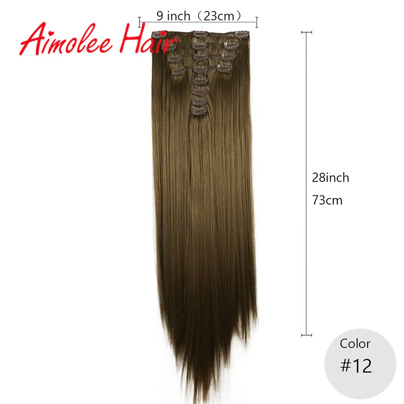 Extensiones de cabello de 28 pulgadas, 8 unidades/juego, pelo sintético largo y recto, Clip-in, negro, marrón, realce, fibra de pelo de alta temperatura: #12