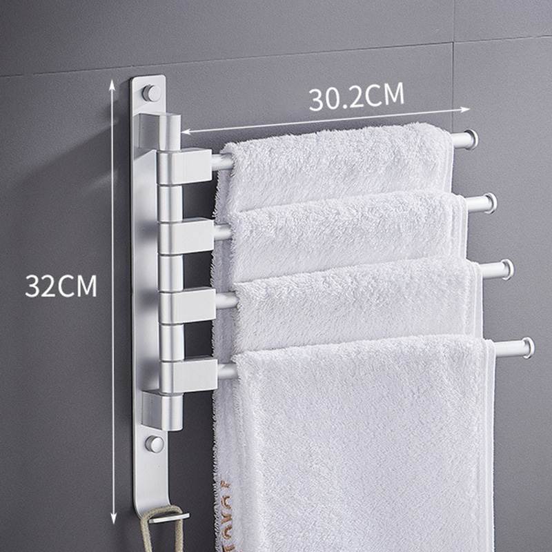 Aluminium Space Wall Mounted Towel Rail With Hooks With 4 180° Rotatable Towel Rails For Bathroom Kitchen Sink 33 X 33 Cm