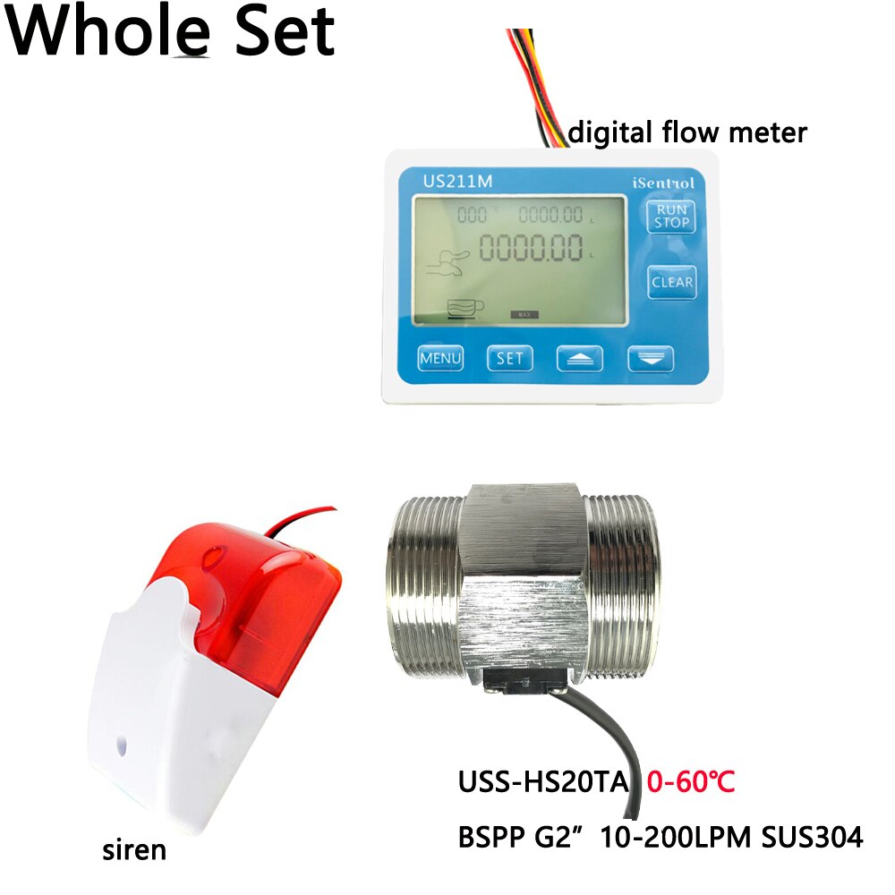 US211MA Water Flow Meter Totalizer Alarmer and SUS304 USS-HS20TA Liquid Flow Senor Turbine flowmeter G2&quot; 10-200LPM BSPP Dijiang