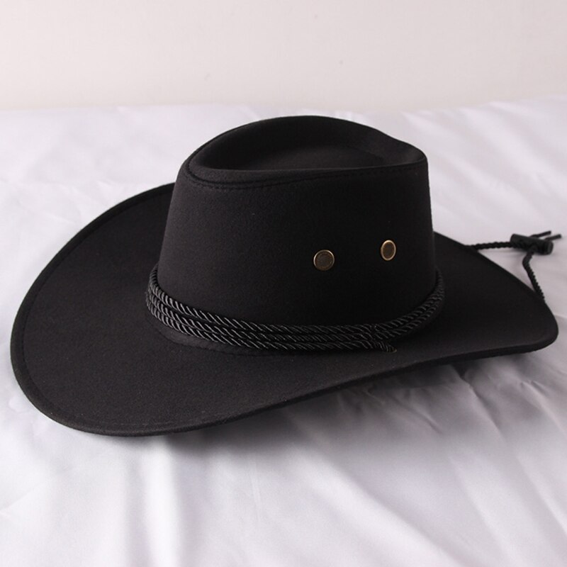 Unisex Western Cowboy Hat with Rope Men Women Retro Wide Brim Trendy Solid Color Jazz Hat Windproof Outdoor Sun Protection Cap