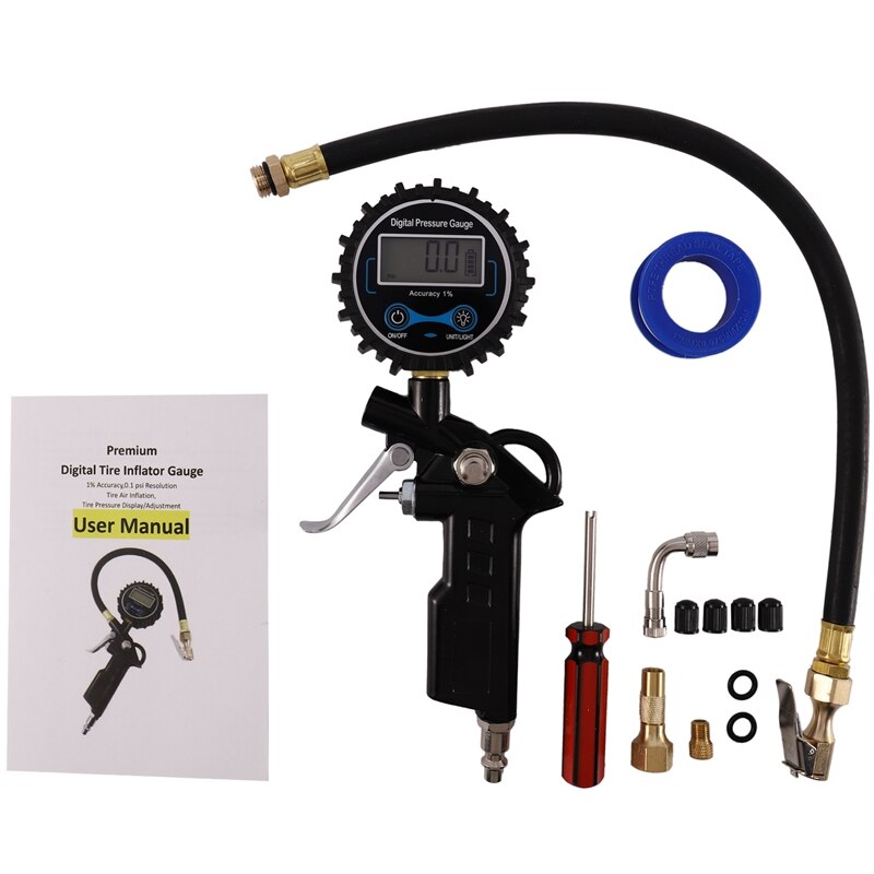 Digital Tire Inflator Pressure Gauge, 250 PSI Heavy Duty Air Chuck and Compressor Accessories with Hose and Quick Connect Plug f