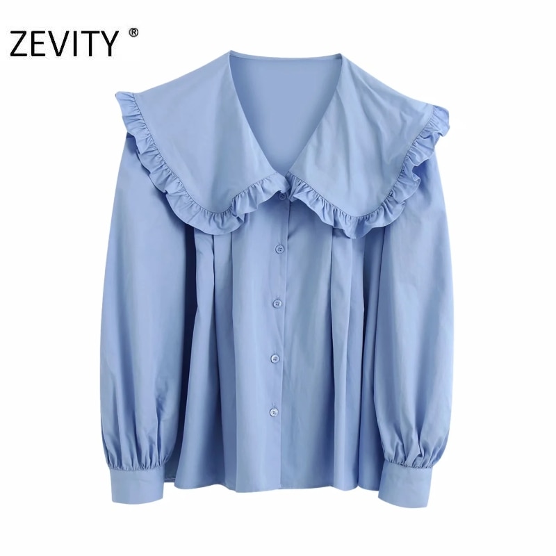 Zevity kvinnor söta veck volanger skruva ner krage smock blus skjortor kvinnor kontor breasted roupas chic chemise toppar  ls7181