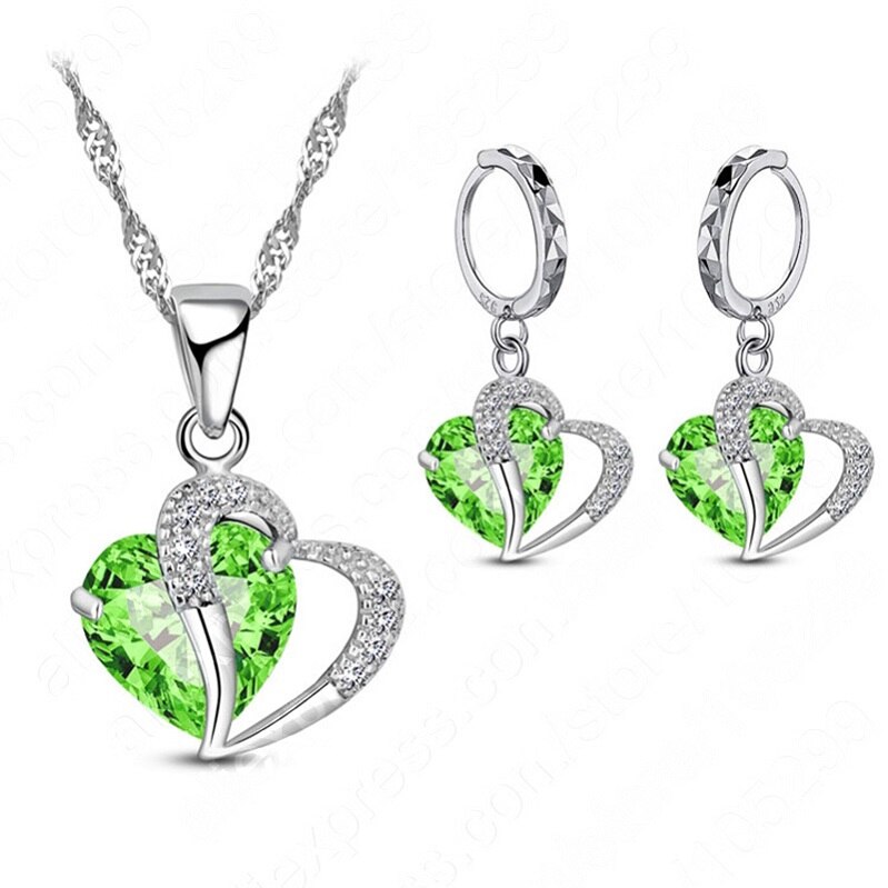 Luksus kvinder 925 sterling sølv cubic zircon halskæde vedhæng øreringe sæt brusk piercing smykker bryllup hjerte: Grøn