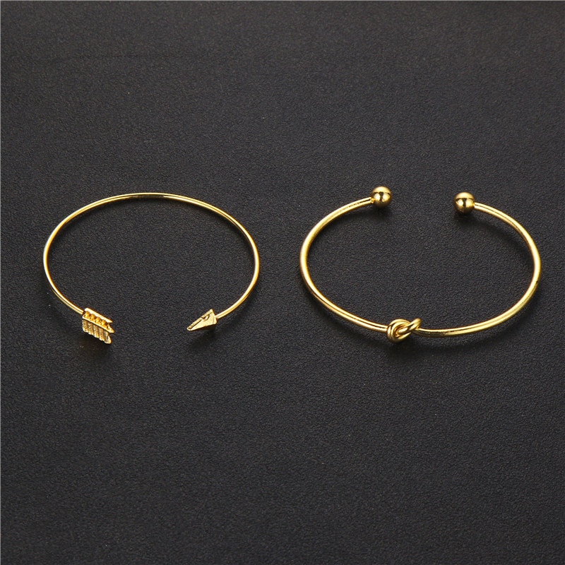 Tocona 2PCS/Set Opening Arrow knot Charm Cuff Bracelets Set for Women Gold Alloy Bracelet Bangle Boho Jewelry Accessories 6127