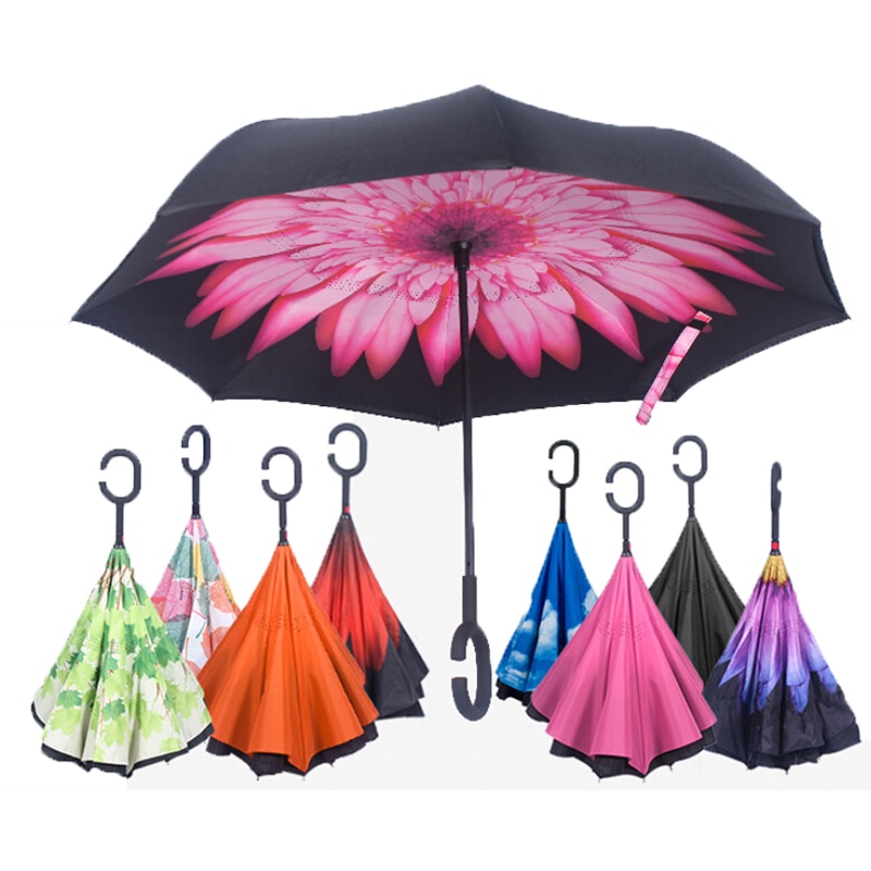 Foldende omvendt paraply dobbeltlag inverteret vindtæt regnbilsparaplyer til kvinder står selv ude og ude c-krog
