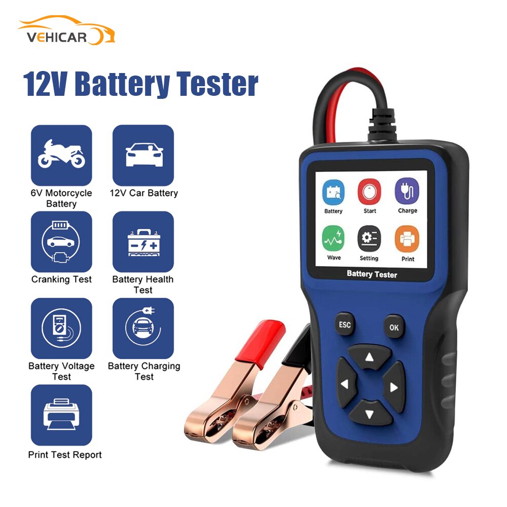 VEHICAR 12V Car Battery Tester Load Tester Cranking and Charging System Analyzer Tool R200 for Auto SUV Light Truck Motorcycle