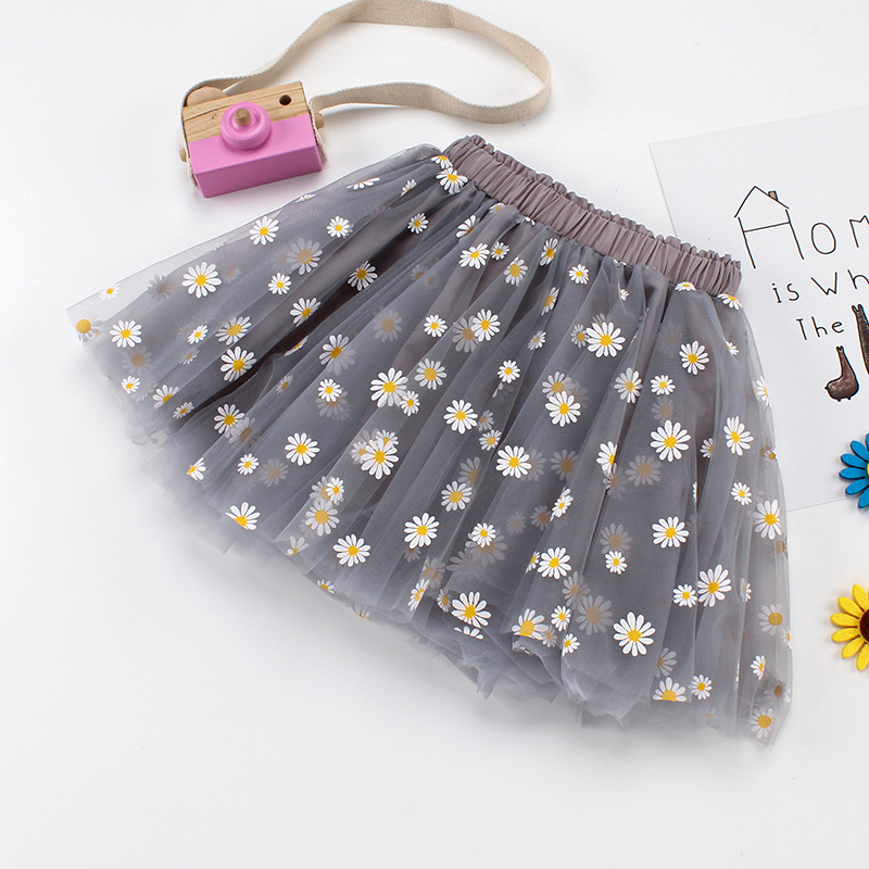 Zomer Roze Bloemen Kinderen Kleding Pluizige Zachte Tulle Girl Korte Rok Madeliefjes Meisjes Rokken Voor 3-8Y Kids Mesh Bal gown: Gray / 6T (130)