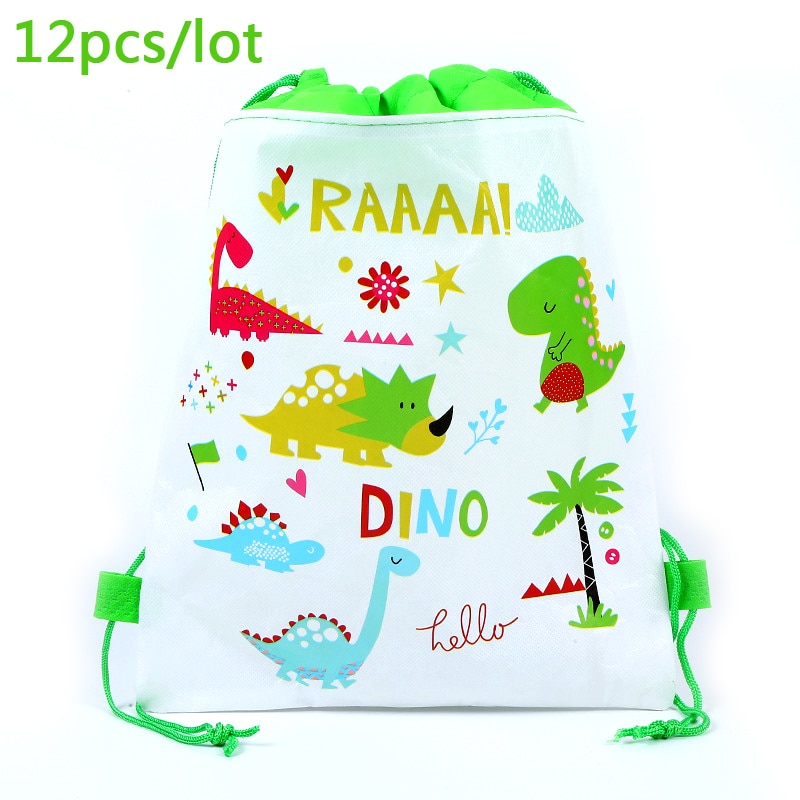 12pcs Dinosaurus Thema Jongens Gunsten Mochila Verjaardagsfeestje Niet-geweven Koord Zakken Baby Shower Decoratie Rugzak