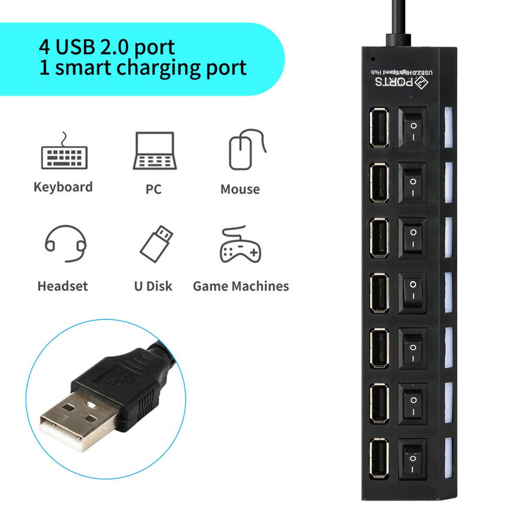 7 ports usb splitter usb 2.0 3.0 hub med strøm av/på bryter høyhastighets adapter kabel for pc bærbar datamaskin flere porter gt