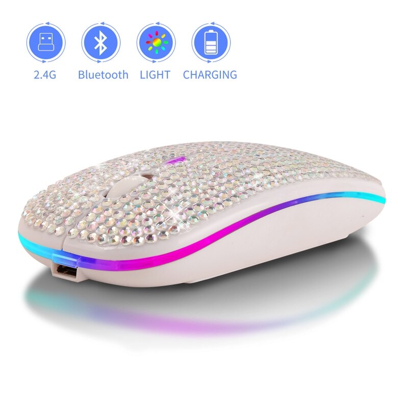 Rhinestone Crystal Wireless Dual Mode 2in1 Blue-tooth 5.0 + 2.4Ghz 1600DPI LED Mouse Optical for Notebook PC Laptop Computer: Silver