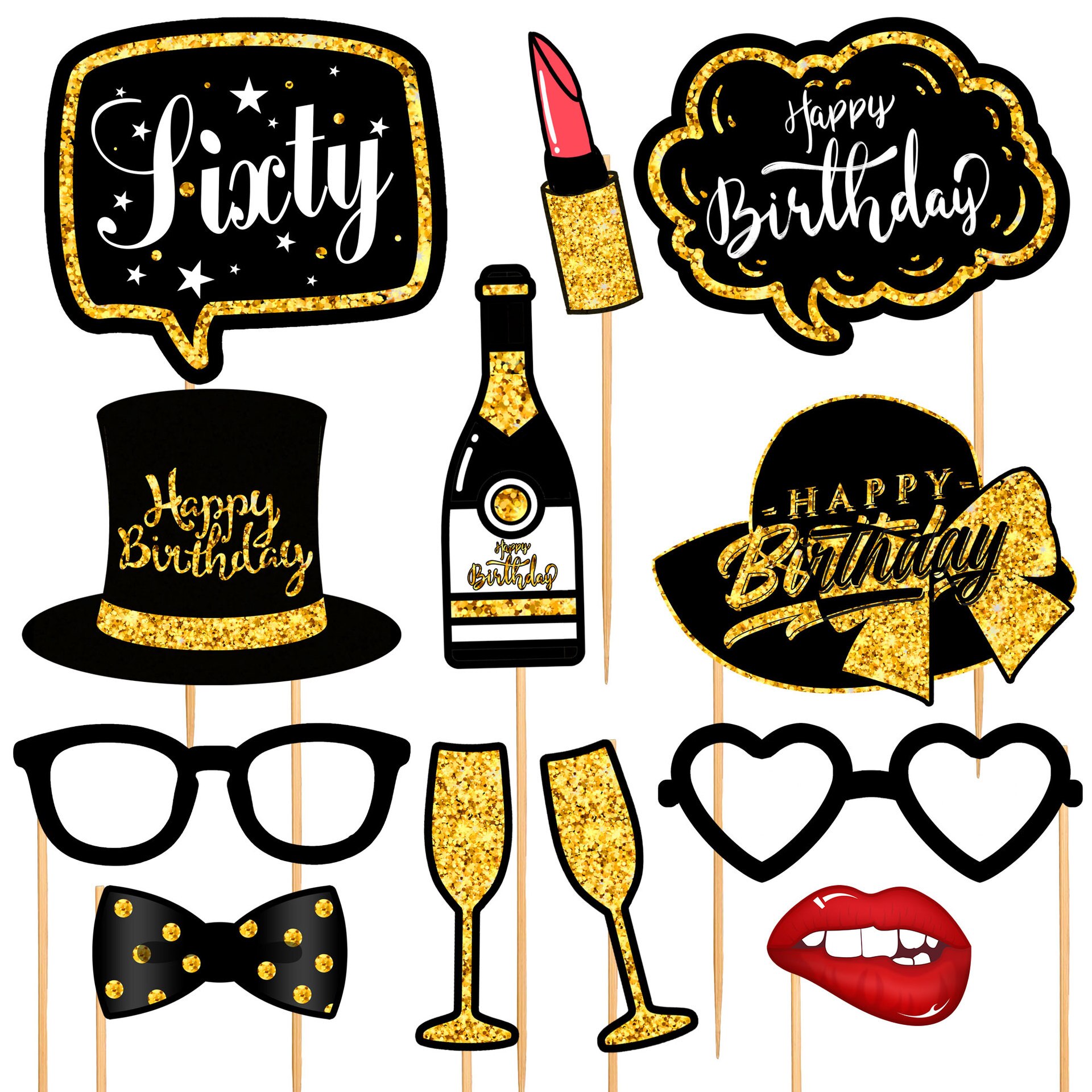 12 Stks/set Zwarte Goud 18 30 40 50 60 Gelukkige Verjaardag Photo Booth Prop Volwassen Verjaardagsfeestje Decoratie Man Vrouw diy Photobooth: 60th