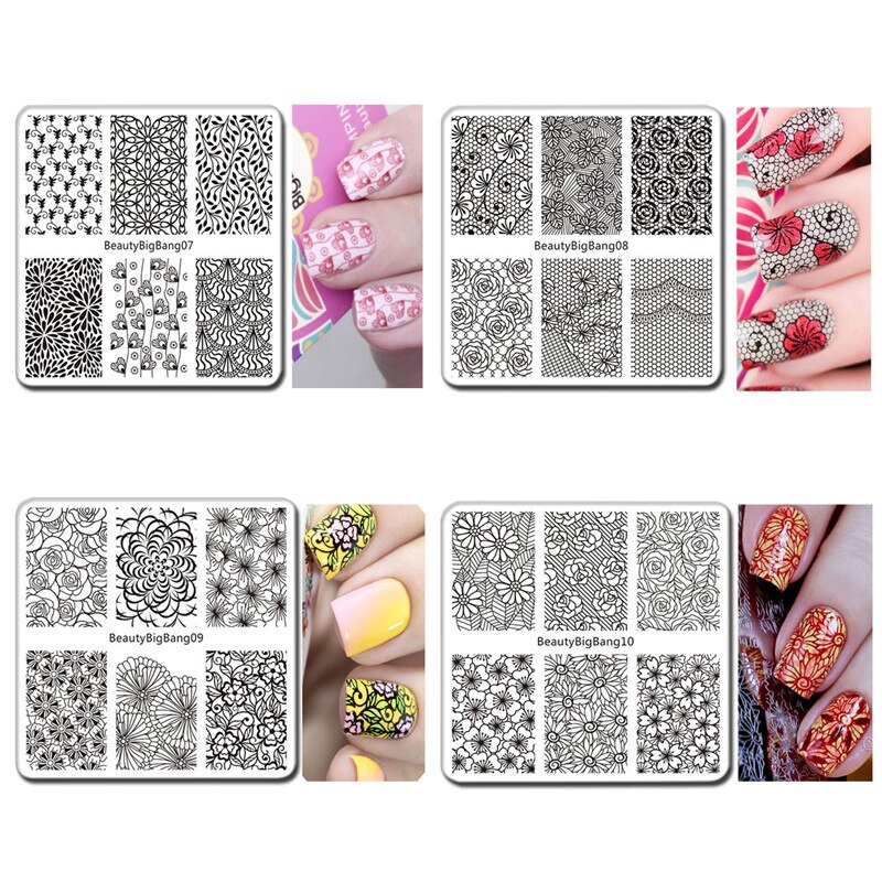 Beautybigbang 12 stk/sæt negle stempling plader 10 stilarter mønster negle stempel plade med klar gelé stamper stempling til negle