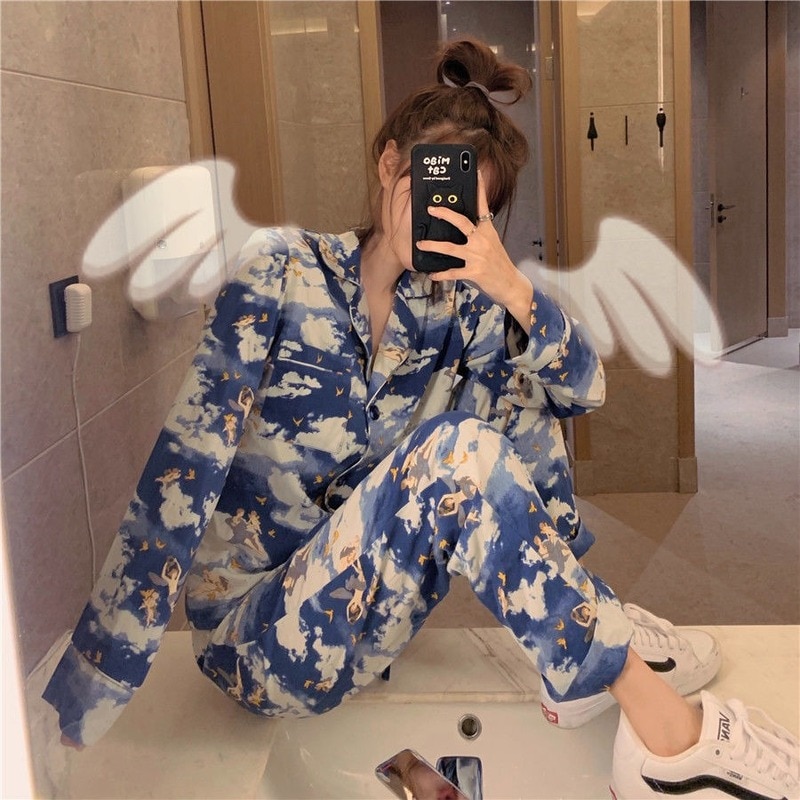 Qweek Vrouwen Pyjama Sexy Nachtkleding Angel Print Vrouwen Pijamas Vrouwelijke Zomer Nachtkledij Thuis Pak Pyjama Pigiama