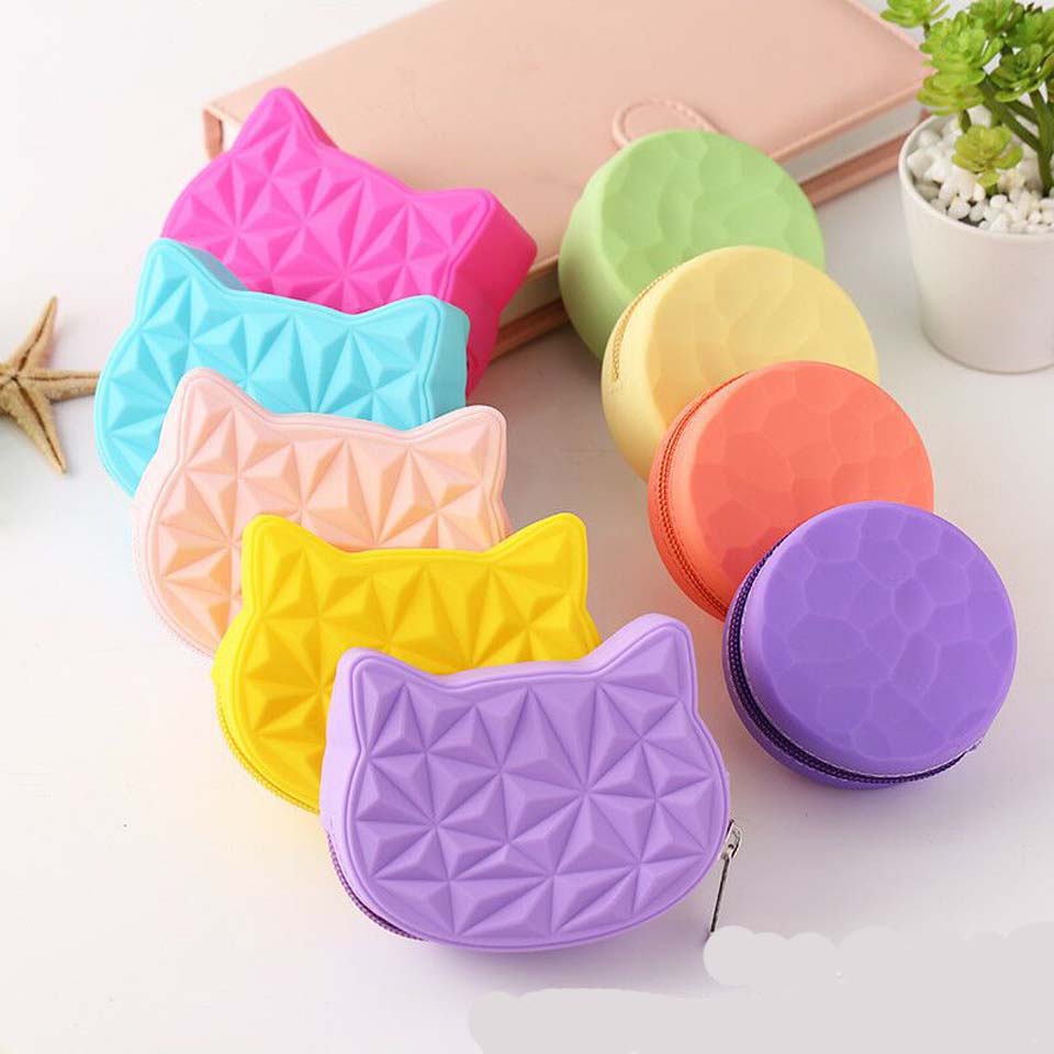 Cute Cat Round Women Silicone Short Wallet Girls Mini Coin Purse Key Wallet for Female Daily Clutch Purse Headset Bags