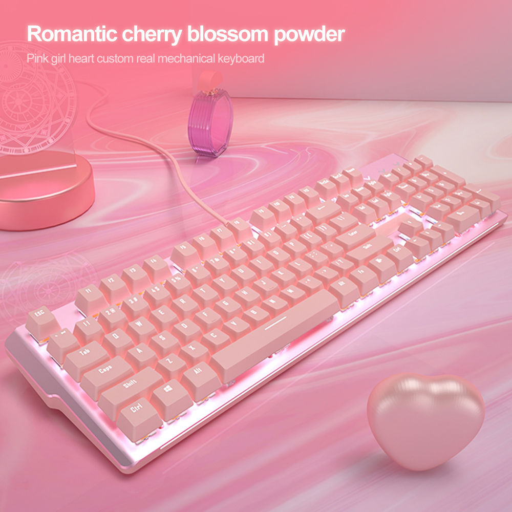 Cute Pink Gaming Mechanical keyboard Wired computer Keyboard 104key USB Interface White Backlight Suitable for Gamers PC Laptops