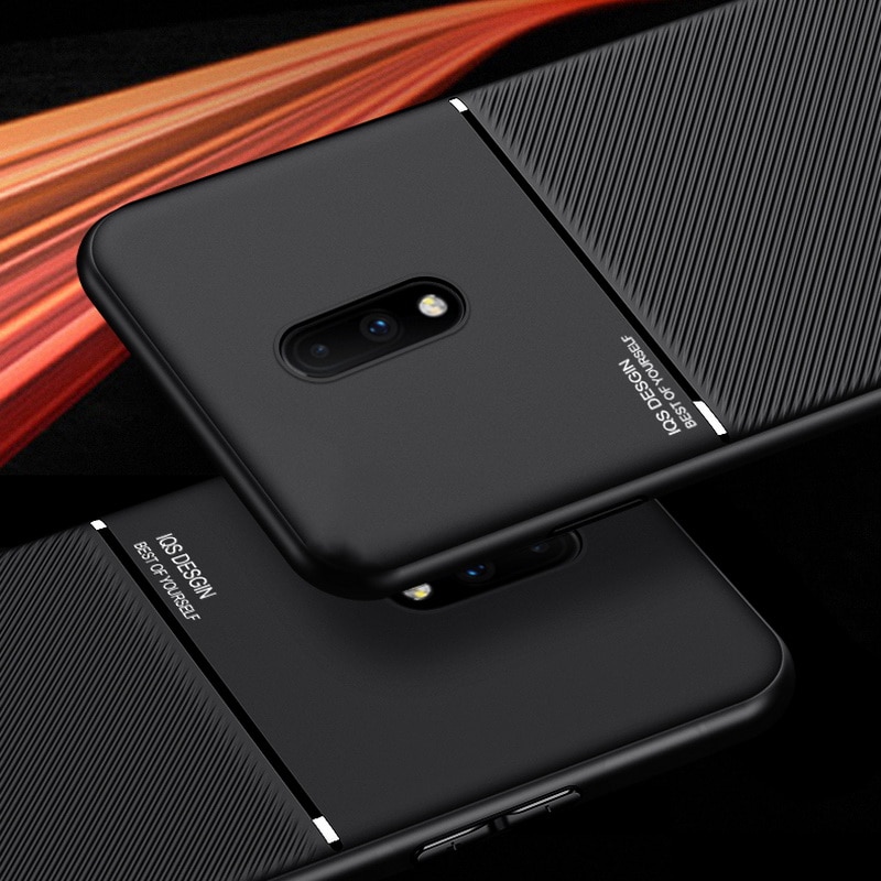 Leder Textur Stoßfest Matte Silikon Fall Für Oneplus 7T 7 Pro Eingebaute magnetische metall platte auto halter stehen abdeckung fällen