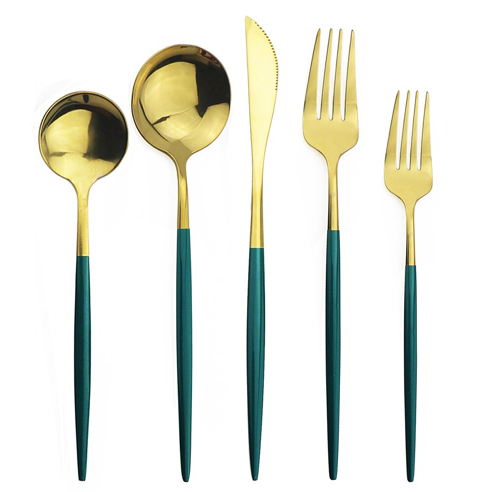 20 st färgglada bestick set guld bestick set dessert gaffel sked 304 rostfritt stål servis set glänsande kök servis set: Grönt guld