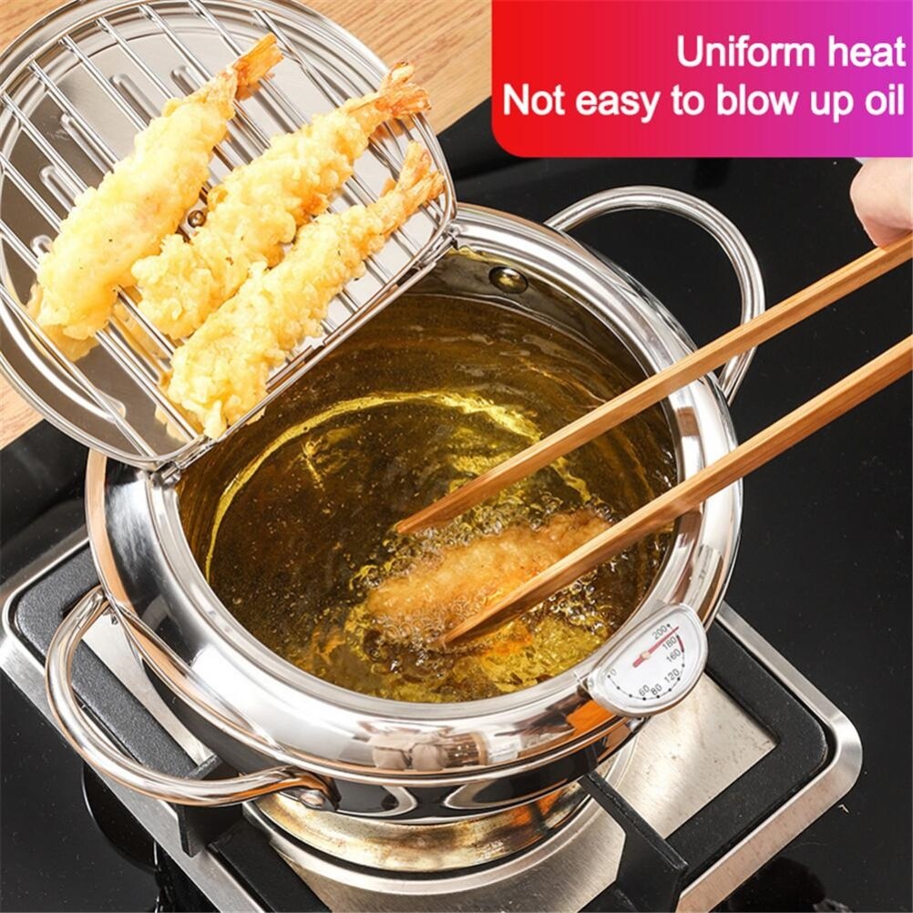 Stainless Steel Kitchen Tempura Fryer Pan Japanese Deep Frying Pot With A Thermometer And A Lid Fried Chicken Pot Cooking Tools