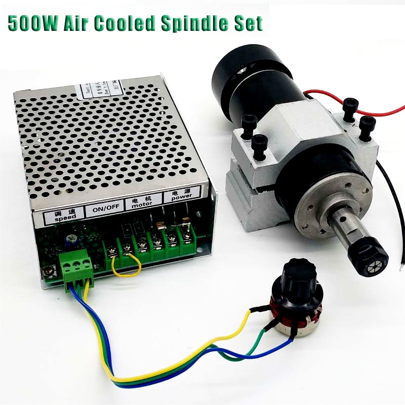 DC 500W Air Cooled Spindle Motor ER11 Chuck 0.5KW Spindle Motor + 52mm Vlamps + Power Supply Speed Governor For CNC Spindle
