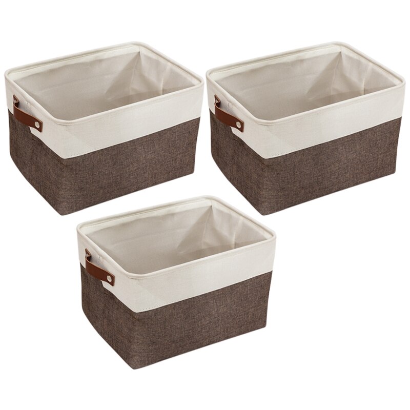 3 Pack Foldable Storage Bin Rugged Canvas Fabric Cube Container with Handles Great for Organizing Closets: white brown